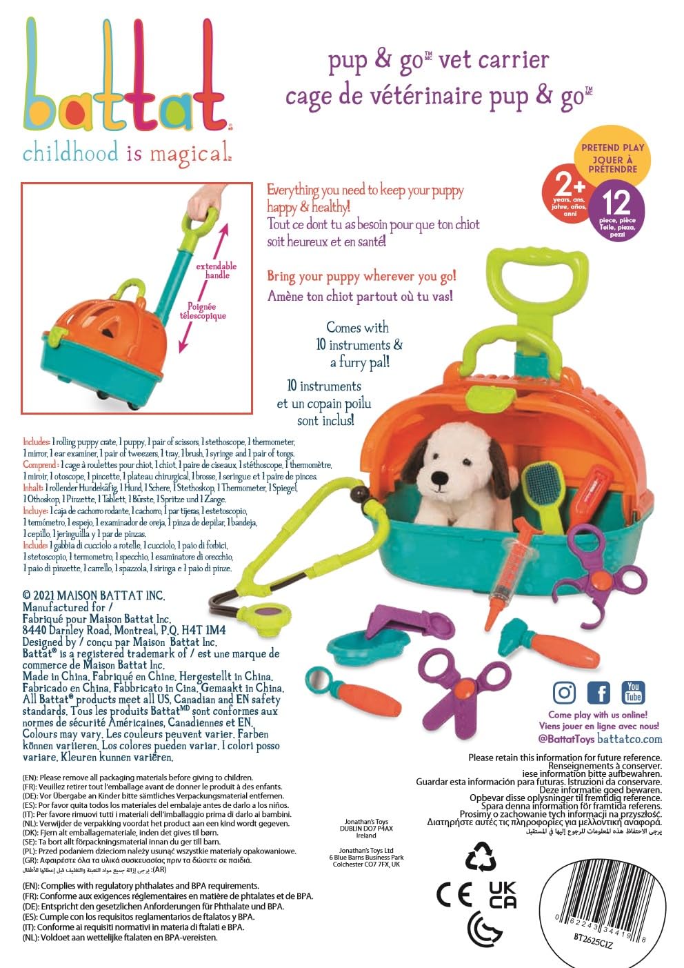 Battat Rolling Pet Carrier - Plush Dog Toy & Animal Hospital Playset - Pretend Vet Kit for Toddlers 2 Years and Up - Pup & Go Vet Carrier - Perfect for Imaginative Play, Vet Role-Playing, and Early Learning Activities