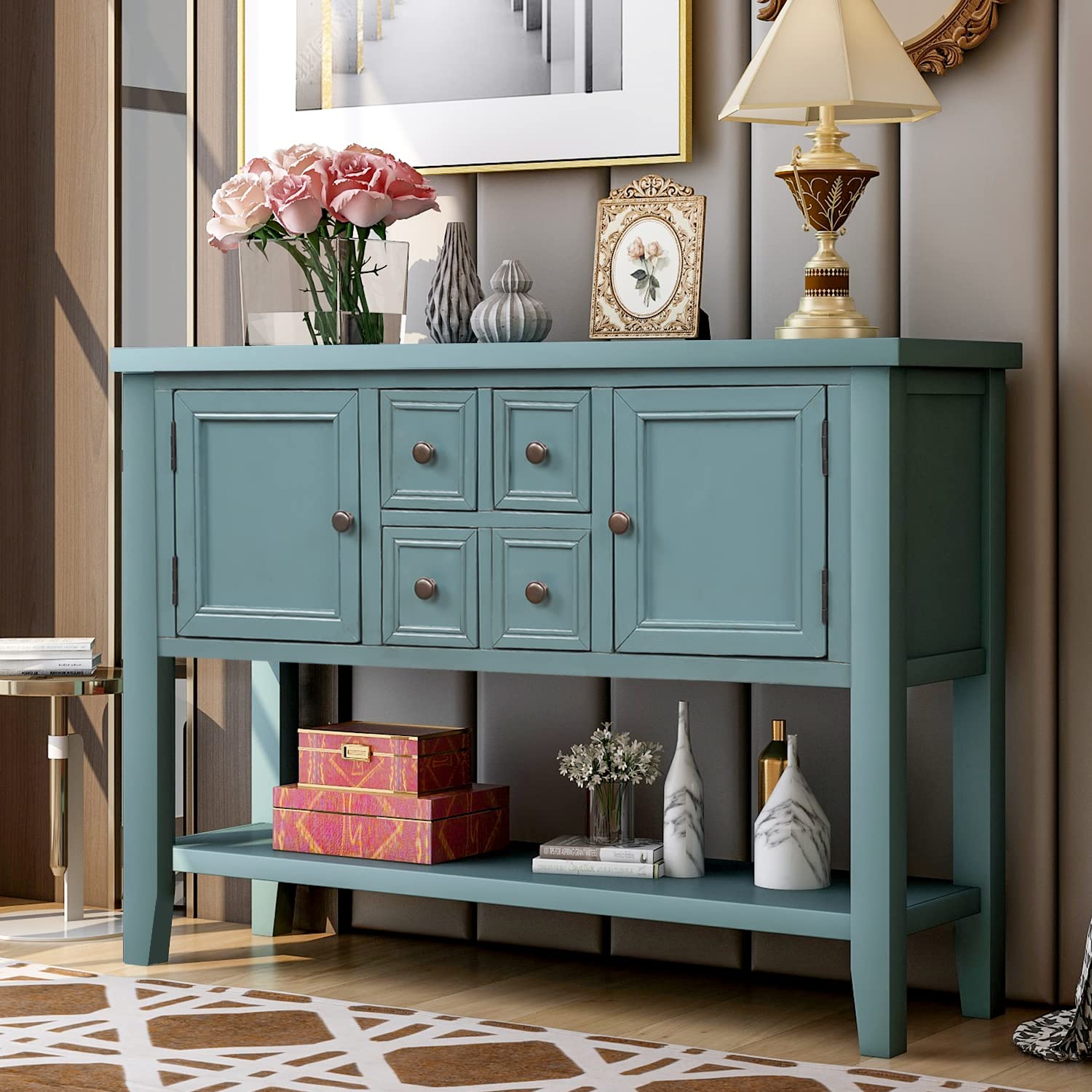 HOUAGI Buffet Sideboard - Wood Storage Cabinet with 4 Drawers & 2 Cabinets, Modern Console Table for Living Room, Entryway, Hallway - Dark Blue | Perfect for Dining Room Storage, Home Organization & Entryway Decor