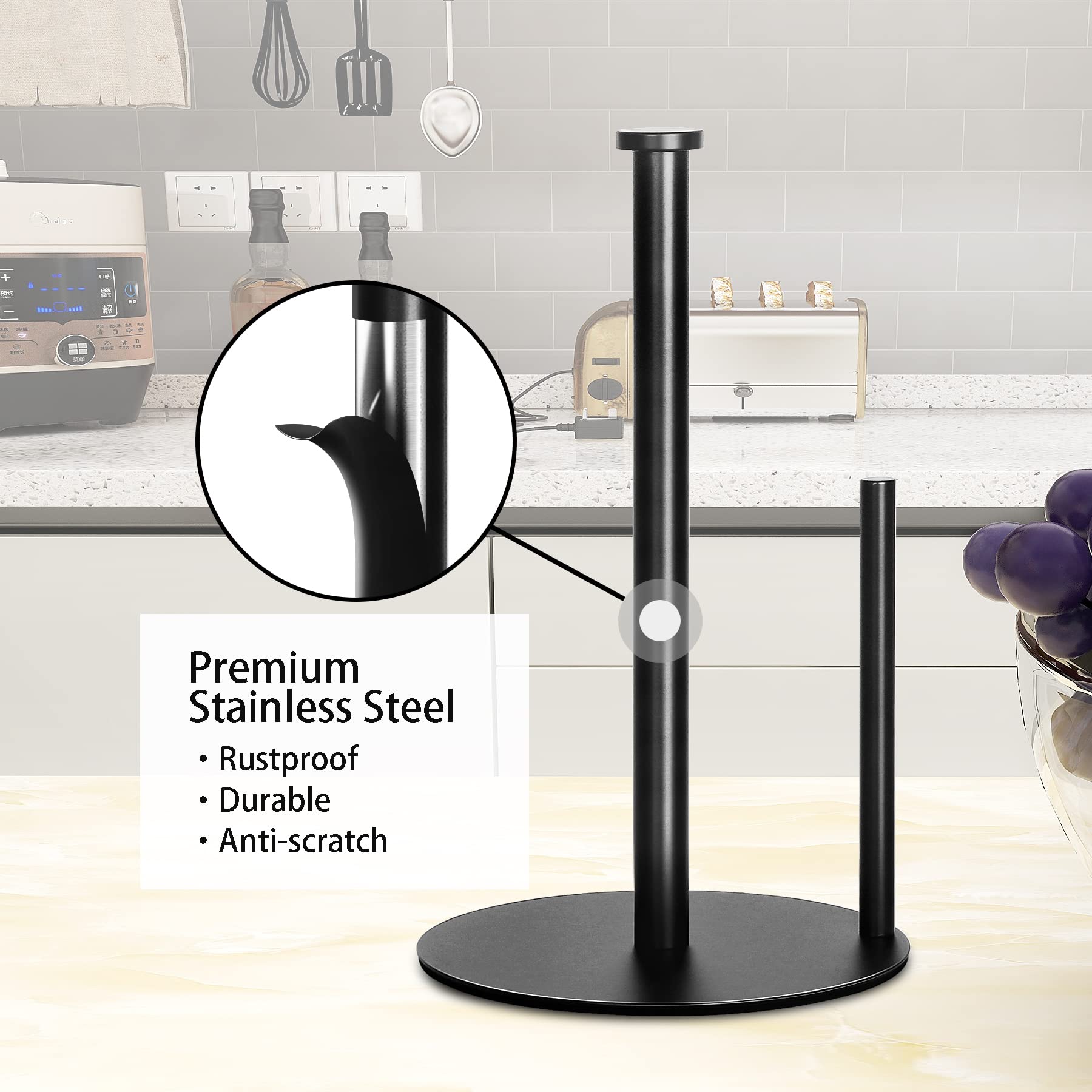 OBODING Black Stainless Steel Paper Towel Holder for Kitchen & Bathroom - Countertop Stand Fits Standard & Large Rolls (Matte Black) - Perfect for Home, Office, and Restaurant Organization
