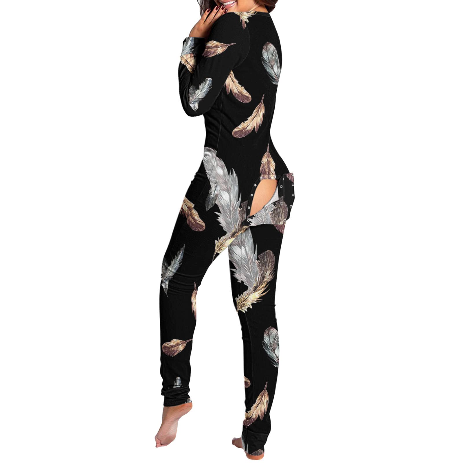 Women's Button-Down Sleepwear Jumpsuit - Soft Printed Romper with Functional Buttoned Flap - Comfortable Shirt Bodysuit for Women (Grey, Size L) - Perfect for Lounge Wear, Nighttime Comfort & Relaxing at Home