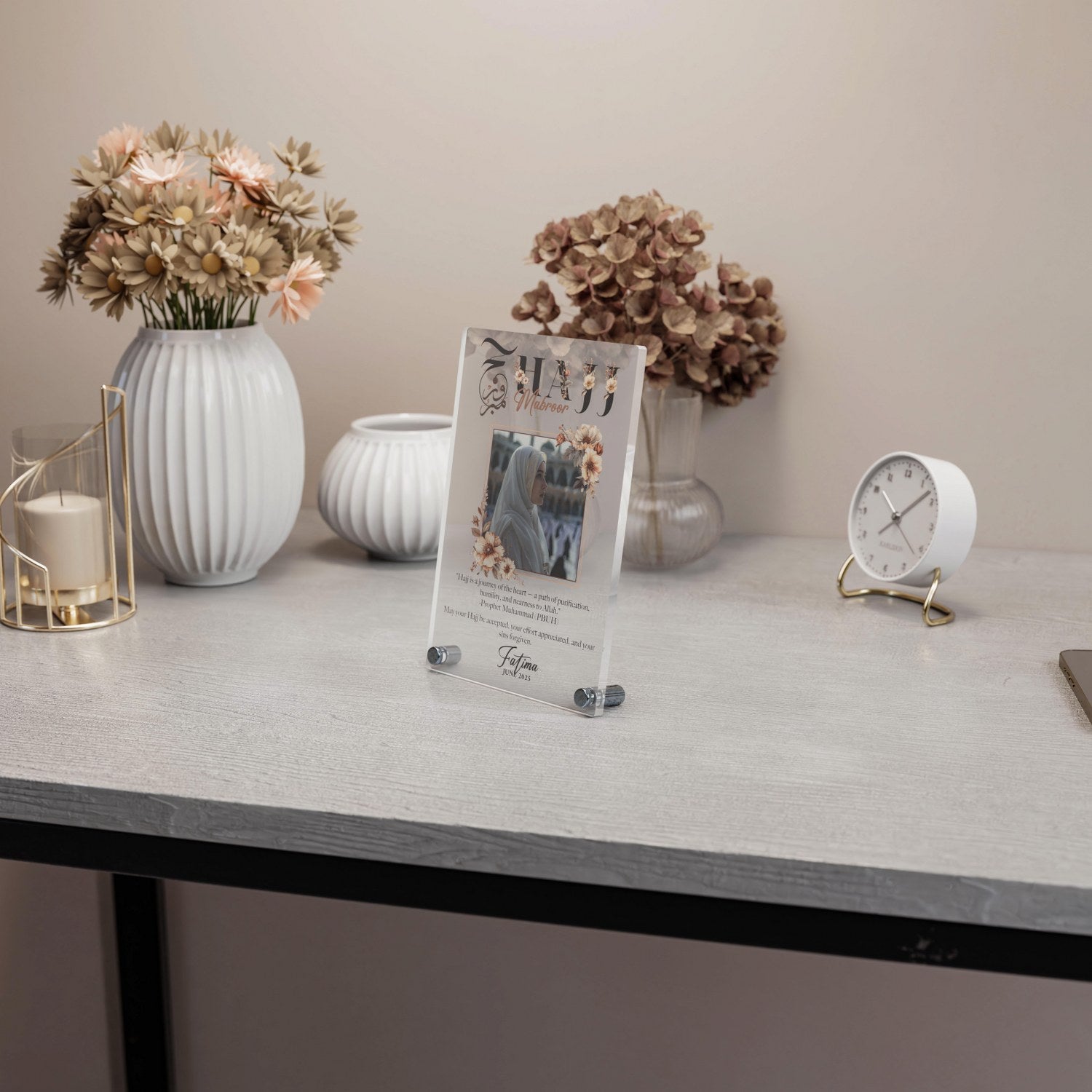 Hajj Mabroor Vertical Tabletop Decor - Customizable Islamic Home Decor with Personalized Text & Photo - Perfect for Eid, Ramadan, Hajj Gifts & Muslim Home Decoration
