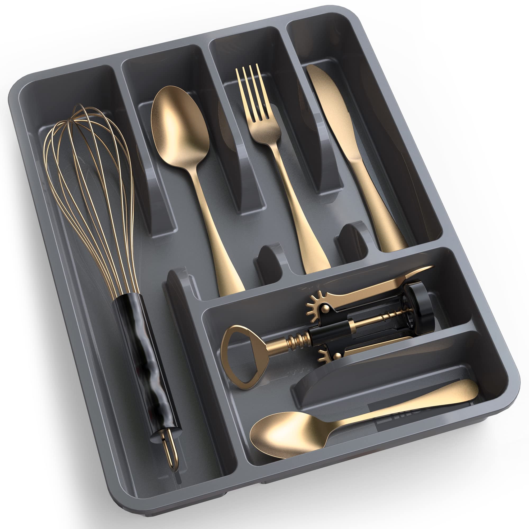 Mueller Flatware Drawer Organizer - 11.4 x 15 Inch Silverware Tray with 6 Compartments | Heavy-Duty Cutlery Storage for Kitchen Utensils & Dining Room | Perfect for Organizing Forks, Spoons, Knives in Drawers | Durable Dark Grey Design for Home & Office Use