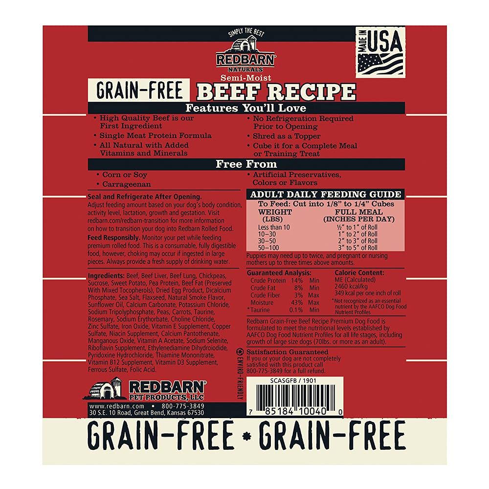 Redbarn Grain Free Dog Food Roll - Beef Recipe, 3lb (Pack of 10) | Natural Protein Rich Soft Dog Food for All Breeds & Ages | Perfect for Training, Travel & Everyday Meals