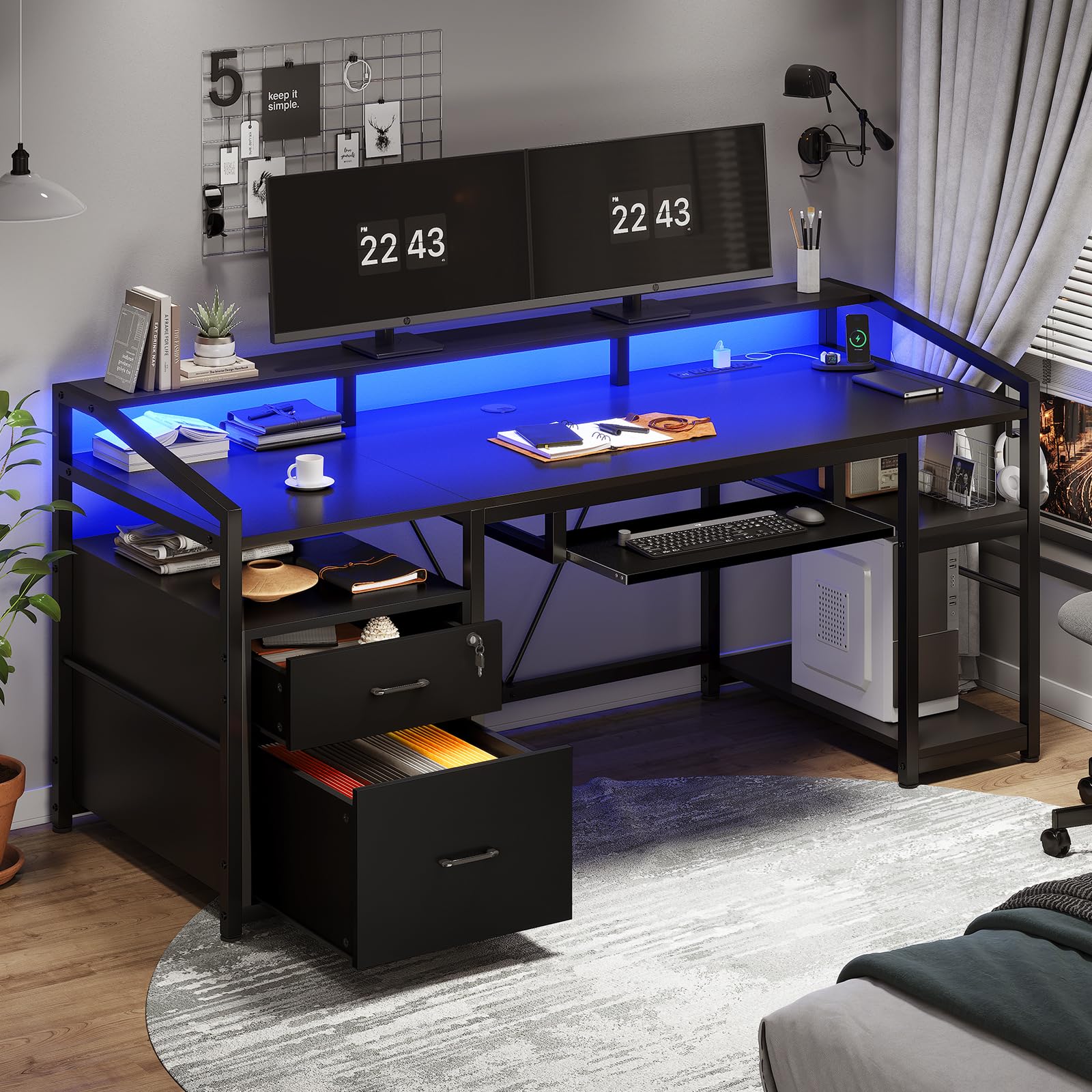 SEDETA 63 Inch Modern Computer Desk with Lockable File Drawers, LED Lights & Power Outlet - Home Office Desk for Gaming, Work & Study - Black Ergonomic Workstation with Storage Space