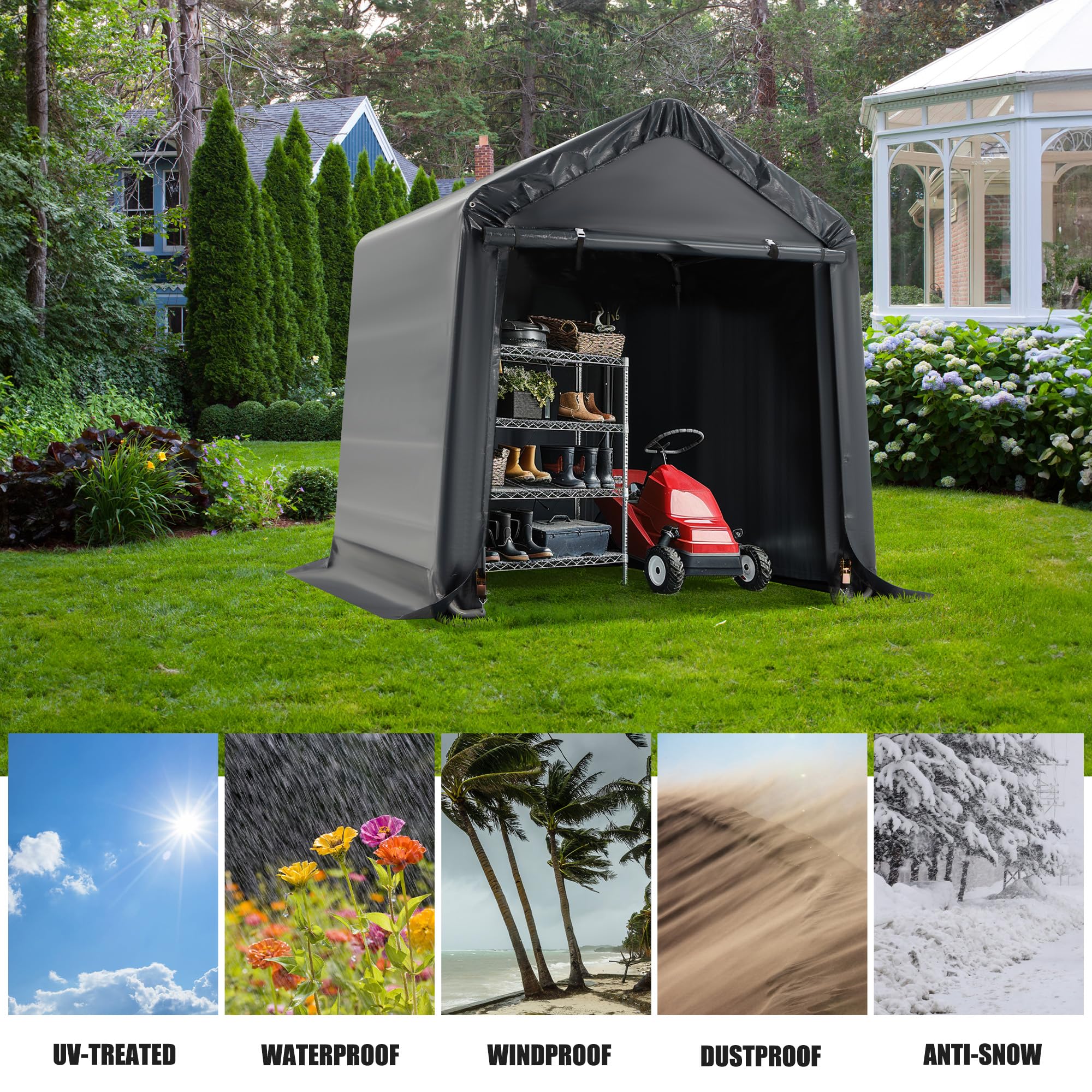 MELLCOM 6x6ft Heavy Duty Portable Storage Shed - Waterproof Outdoor Canopy with Roll-Up Zipper Door for Bikes, Motorcycles, Garden Tools & Equipment - Perfect for Backyard, Garage & Patio Storage Solutions