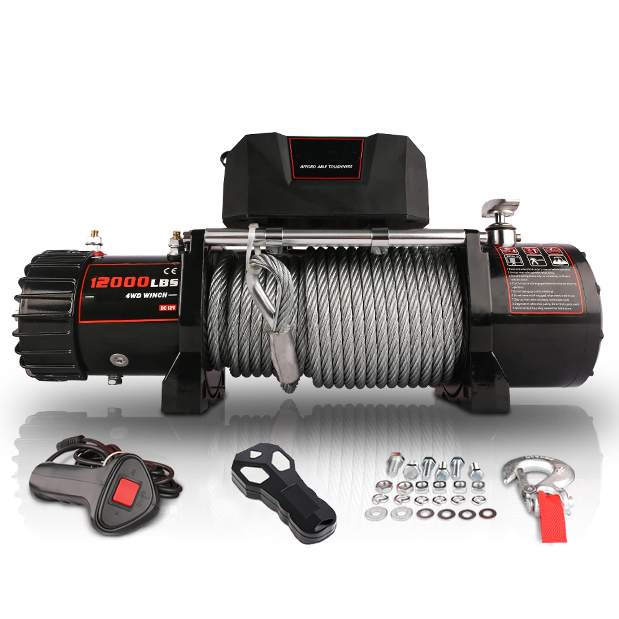**12V 12000lbs Electric Winch Kit - Waterproof IP67 Steel Cable Winch with Wireless Remote & Corded Control for Truck, UTV, ATV, SUV, Car (Black) - Perfect for Off-Road Recovery, Towing & Heavy-Duty Pulling**