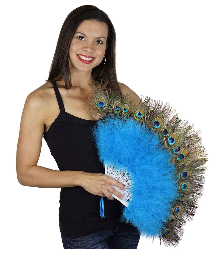 ZUCKER Marabou Peacock Feather Fan - Foldable Flapper Fan for Dances, Weddings & Parties - Dark Turquoise Feather Accessory | Perfect for Halloween, New Year's Eve & Costume Events