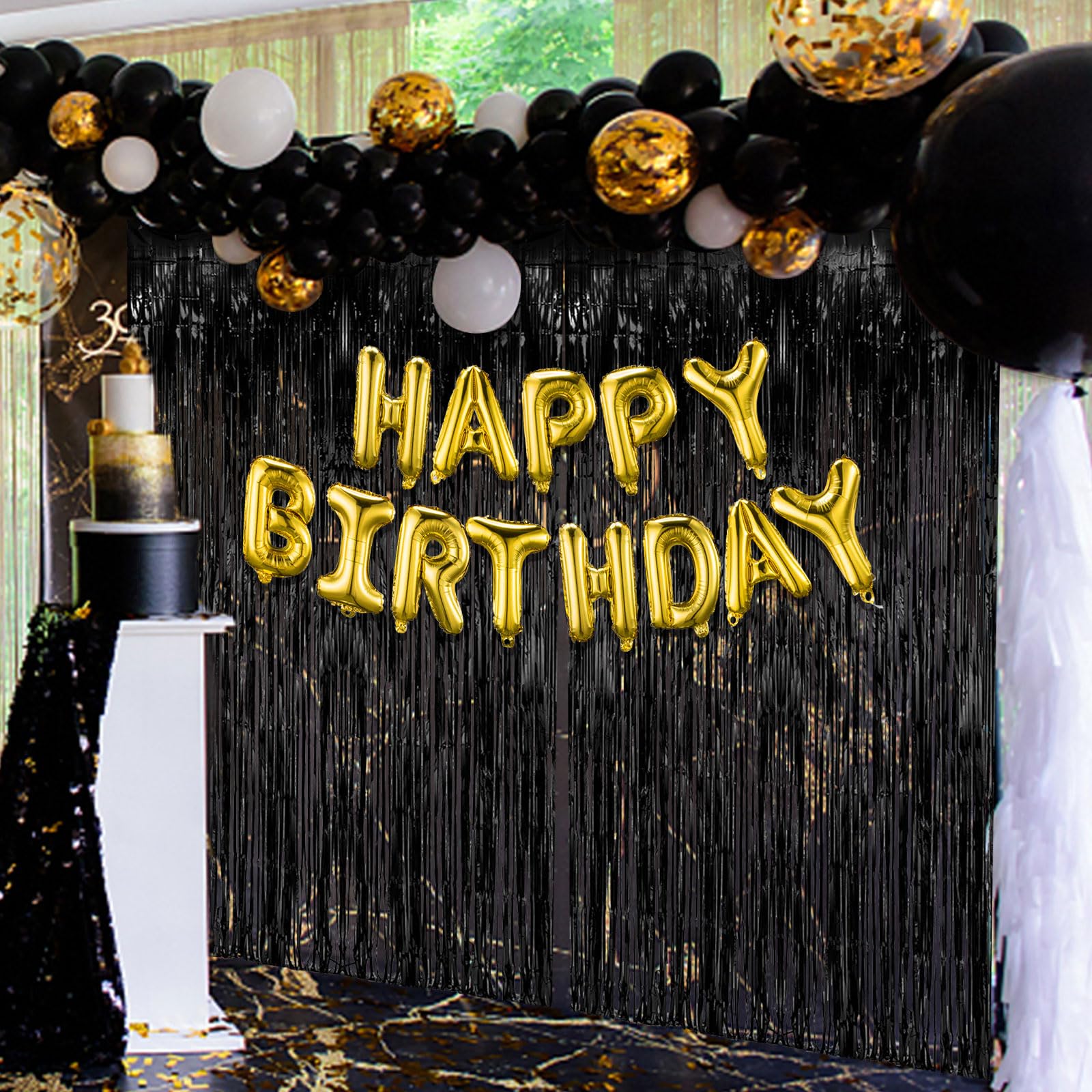 3 Pack Black Fringe Backdrop Streamers - Halloween Party Decorations, Black Tinsel Foil Curtains for Photo Booth, Birthday, Graduation, Wizard Party Supplies - Perfect for Weddings, Baby Showers & TikTok Backgrounds