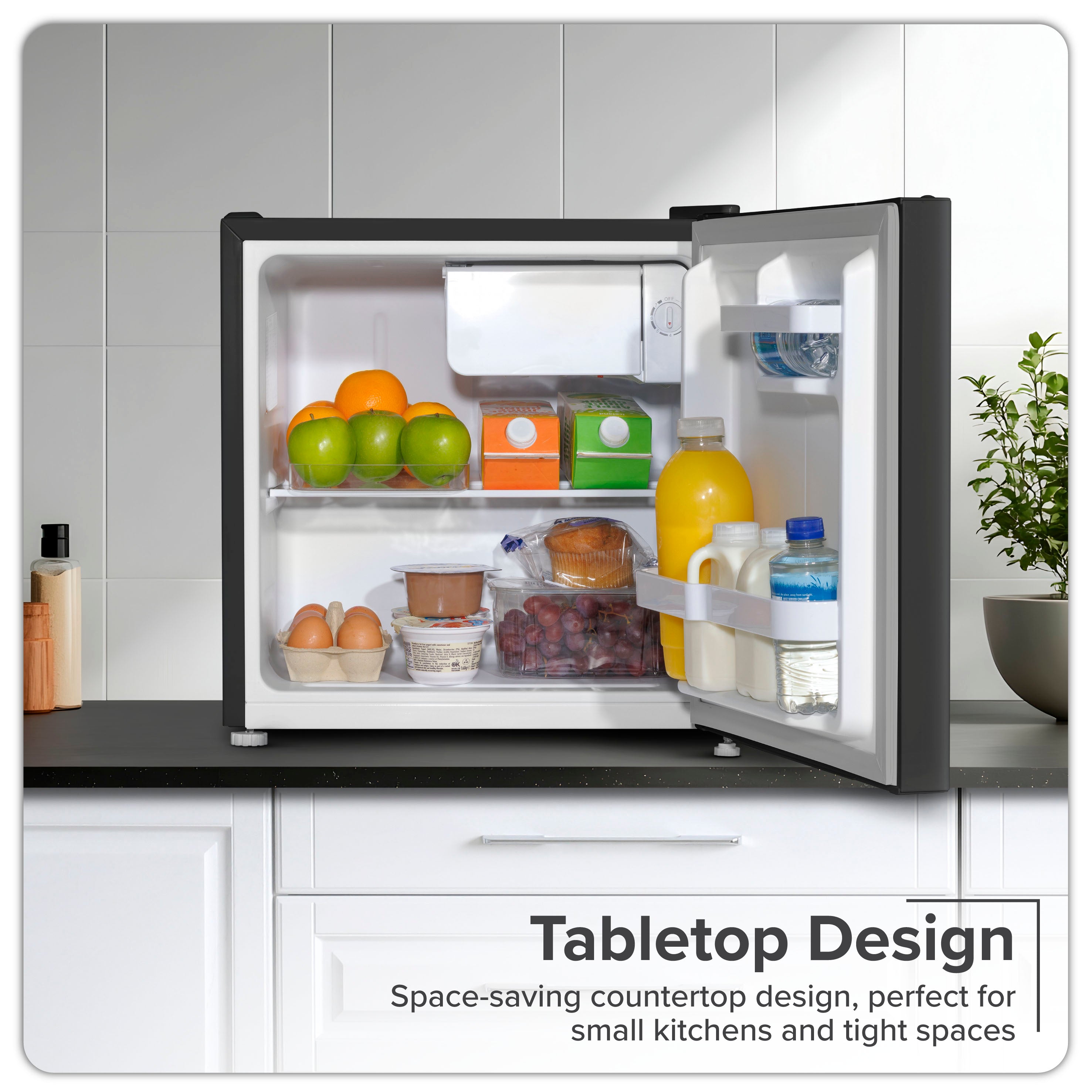 Baridi 46L Mini Fridge with Freezer Compartment - Adjustable Temperature Thermostat - Perfect for Dorm, Office, Bedroom & Small Spaces - Compact Tabletop Refrigerator for Beverages, Snacks & Beauty Products