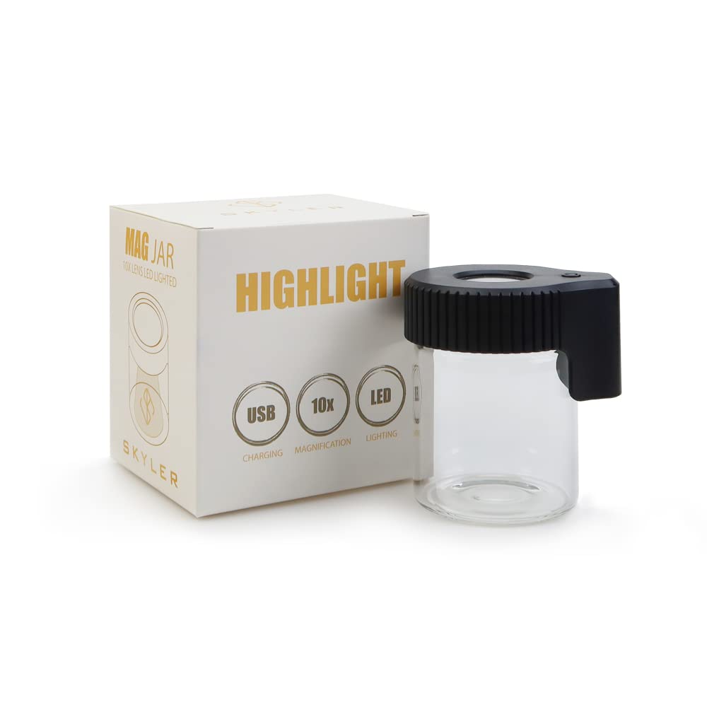 LEWOT Magnifying Viewing Jar with LED Light - Airtight Transparent Glass Storage Container with Rechargeable Lid - Perfect for Science Specimens, Bug Collecting & Herb Storage (Black)