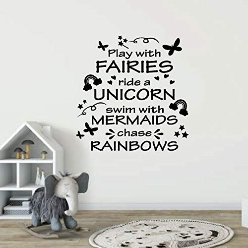 Play With Fairies Ride With Unicorn - Cute Vinyl Wall Art Sticker Decal for Home, Kids Room, Nursery (40x40 inch) - Perfect for Girls & Boys Bedroom Decor, Playroom, and Fantasy Theme Rooms