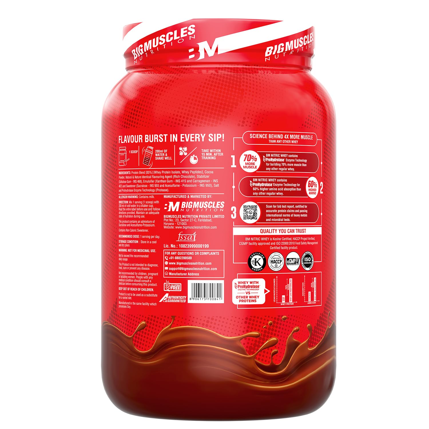 Bigmuscles Nutrition Nitric Whey Protein Powder - 27g Isolate Whey Protein per Serving with ProHydrolase Enzyme for Fast Absorption & Lean Muscle Growth - Rich Chocolate Flavor - 1Kg Pack - Ideal for Post-Workout Recovery & Muscle Building