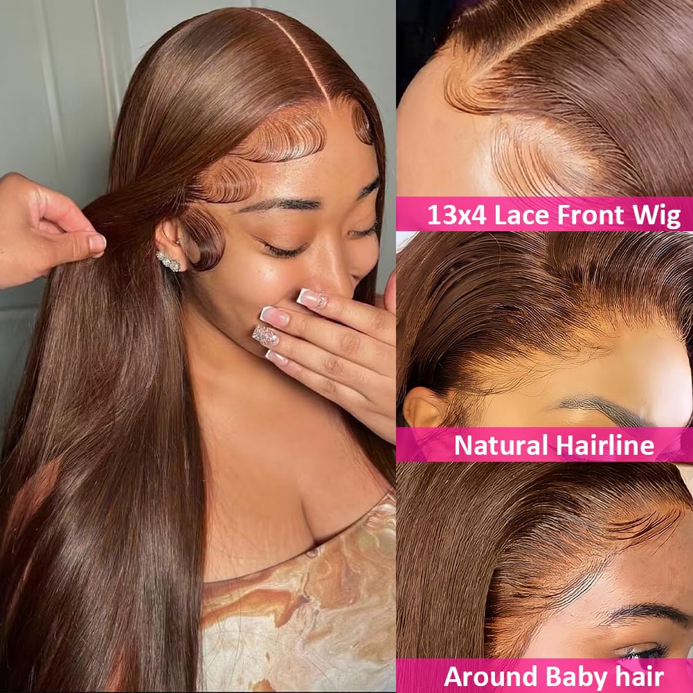 13x4 Brown Lace Front Wigs Human Hair with Baby Hair | 180% Density Straight Chocolate Lace Frontal Wig | Pre-Plucked Hairline | 4# Brown 16 Inch | Perfect for Daily Wear, Cosplay & Special Occasions