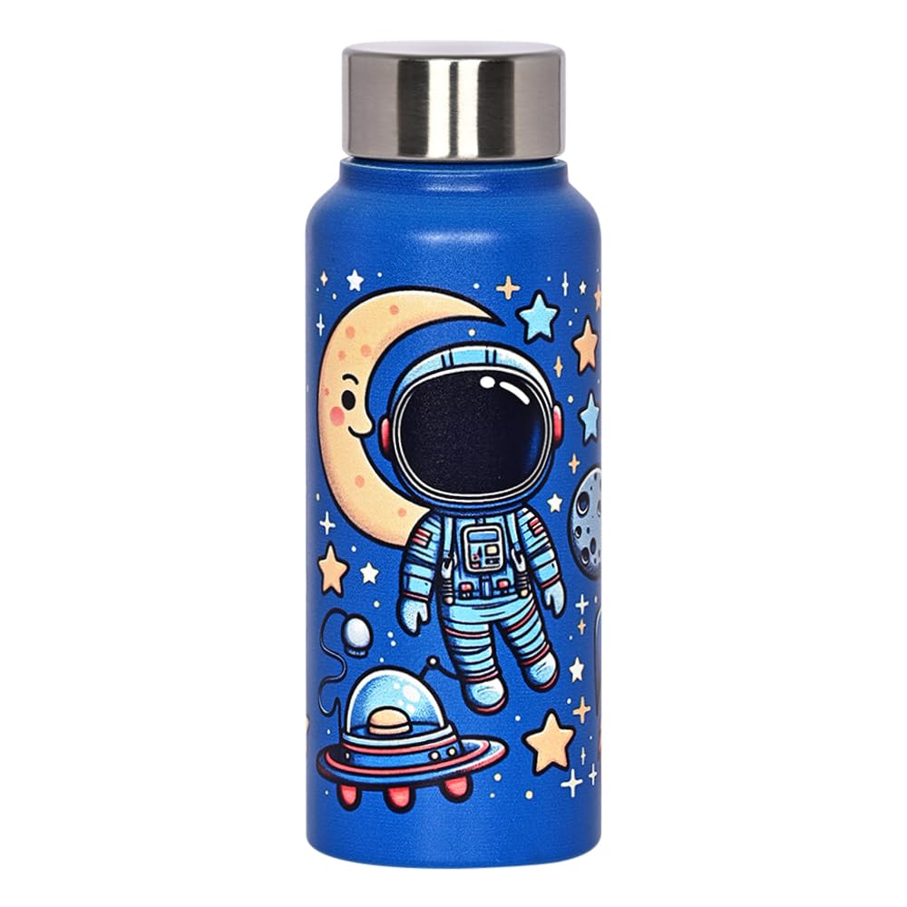 VELLORA 500ml Astronaut Themed Stainless Steel Water Bottle for Kids - Leak-Proof, BPA-Free, Insulated School & Travel Bottle with Straw - Perfect for School, Picnics, Sports & Outdoor Activities (Blue)