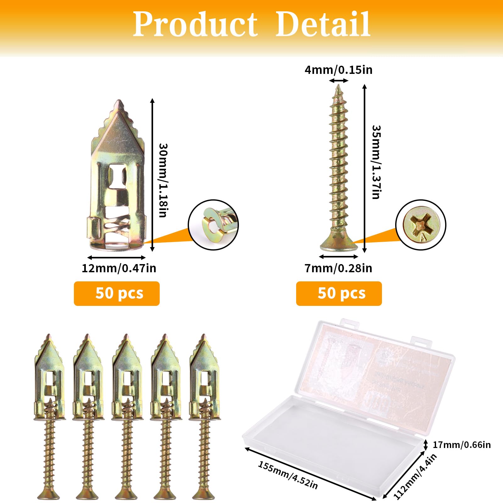 100 Pcs Drywall Anchors and Screws Kit - Self Drilling Hollow Wall Anchors with Case, Zinc Plated Iron for TV Mounting, Bike Racks & Cabinets (12x30mm) - Heavy Duty Home Improvement & DIY Projects