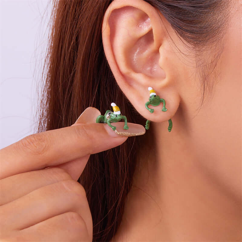 Quirky Frog Christmas Ear Jacket Front Back Earrings | Holiday Party Jewelry Gift for Women | Perfect for Christmas Celebrations & Festive Outfits