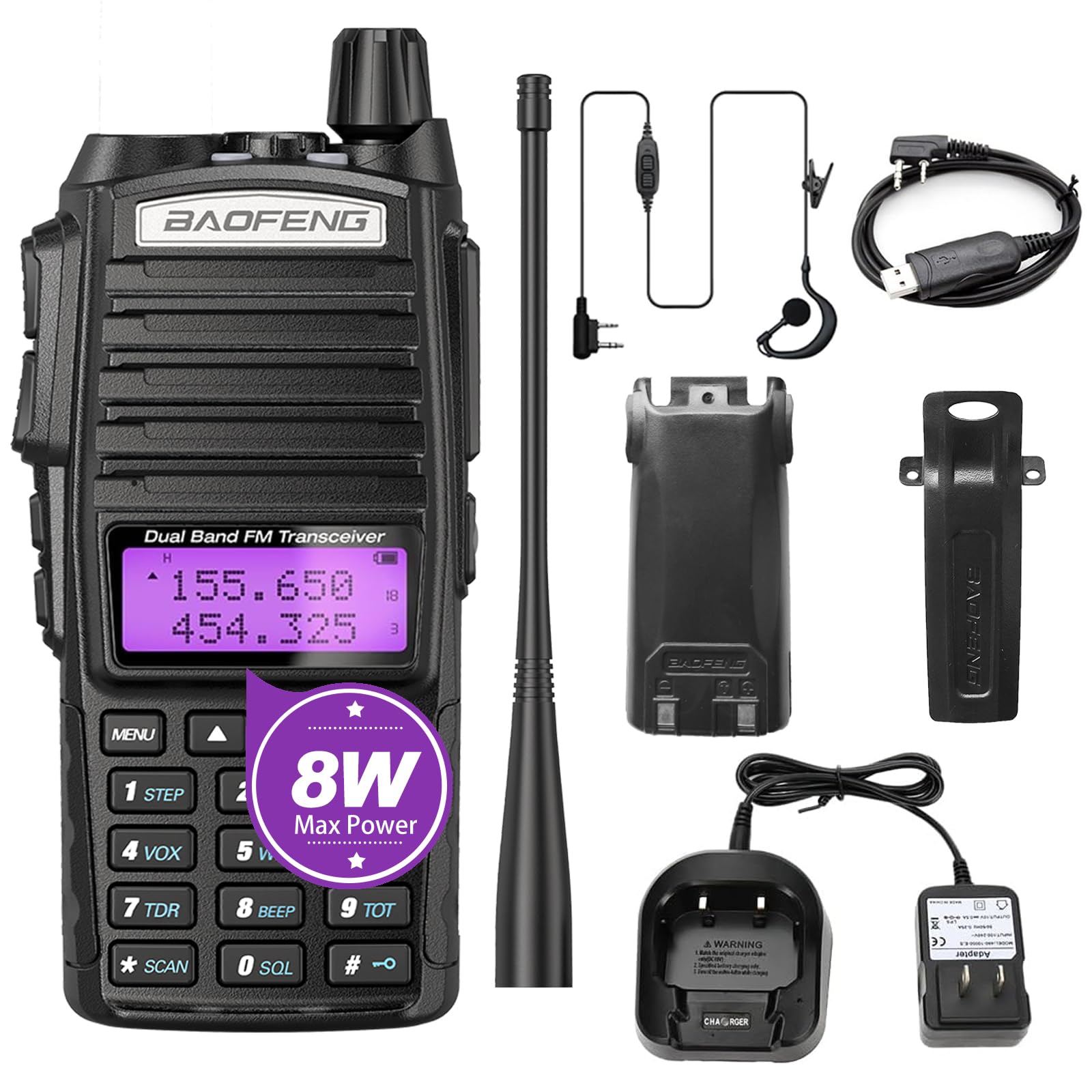 BAOFENG UV-82 8W High Power UHF/VHF Dual Band Two Way Radio - Long Range Rechargeable Walkie Talkie with Programming Cable & Earphones (1 Pack) - Ideal for Outdoor Adventures, Emergency Communication, and Security Teams