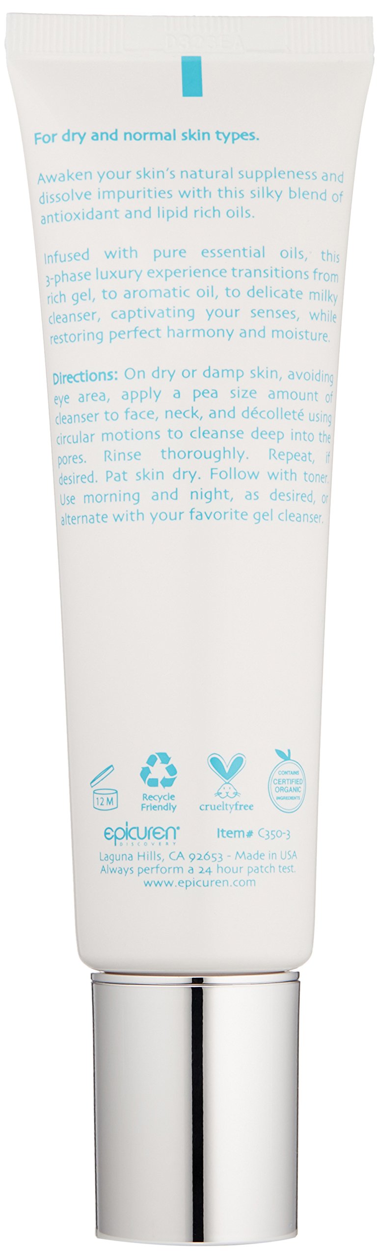 Epicuren DISCOVERY Silk Radiance 3-in-1 Cleansing Oil - Floral Scented Facial Cleanser, Makeup Remover & Moisturizer (3 oz) for Dry, Sensitive Skin | Daily Skincare & Night Routine