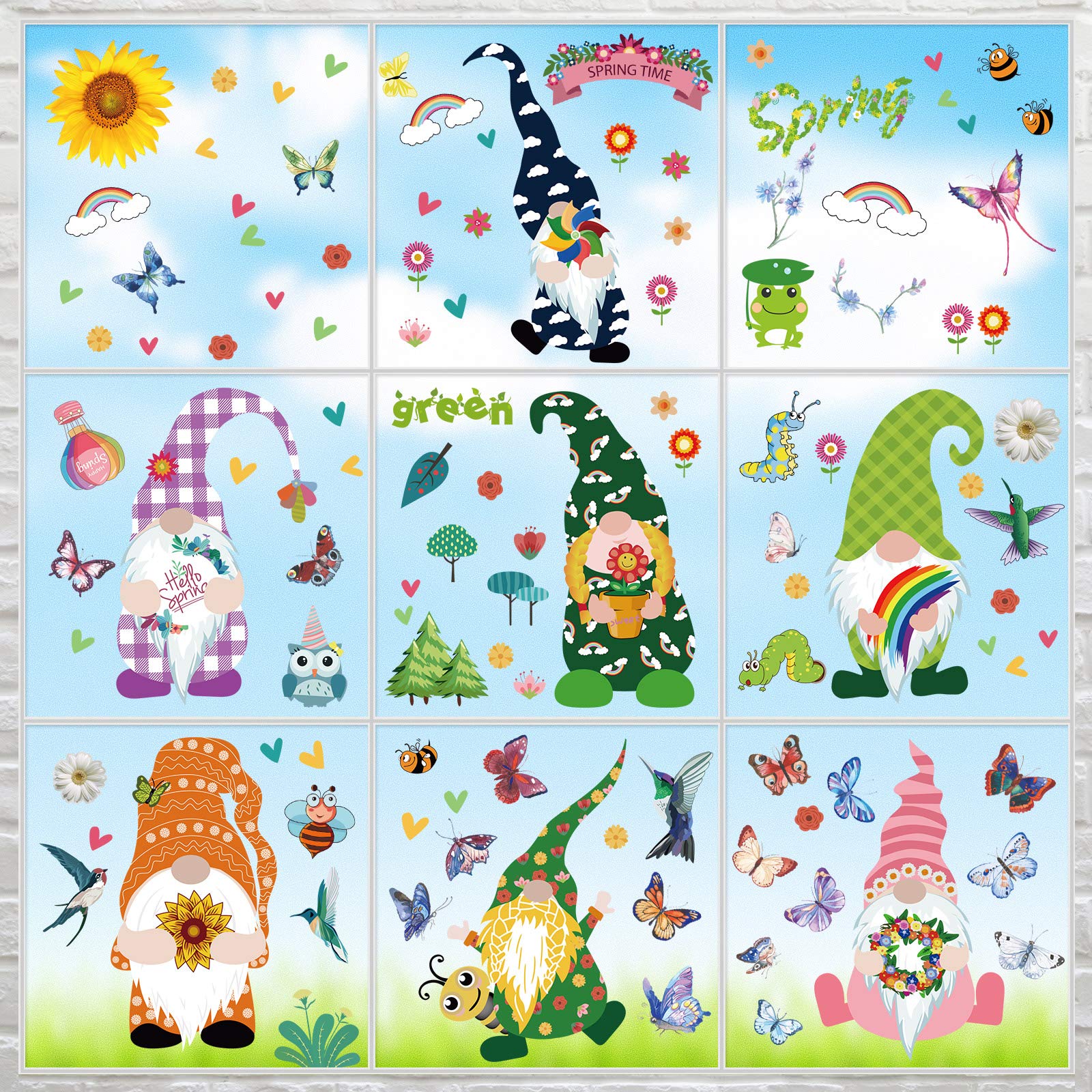Zonon 9-Piece Gnome Window Clings Set - Flower & Butterfly Window Decals, Spring Home Decor, Reusable Stickers for Glass Doors & Windows - Perfect for Easter, Garden Party & Seasonal Home Decoration