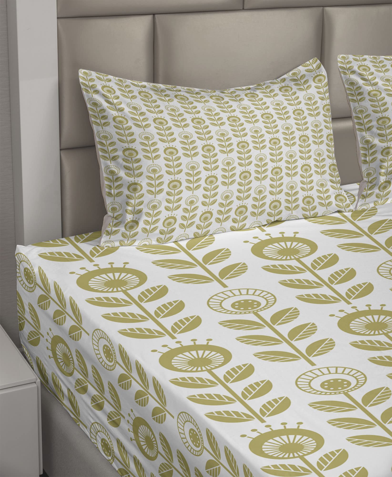 Ambesonne Floral King Sheet Set - 4 Piece Scandinavian Style Monochrome Flower Bedding with Fitted Sheet, Flat Sheet & Pillowcases - Khaki White - Perfect for Master Bedroom, Guest Room & Vacation Homes
