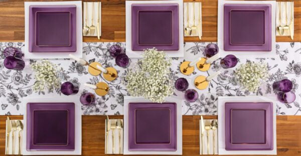 20 Pack Purple and Gold Square Plastic Dinnerware Set for 10 Guests - Elegant Disposable Square Edge Plates, Bowls, Cups & Utensils - Perfect for Weddings, Parties, Banquets & Outdoor Events