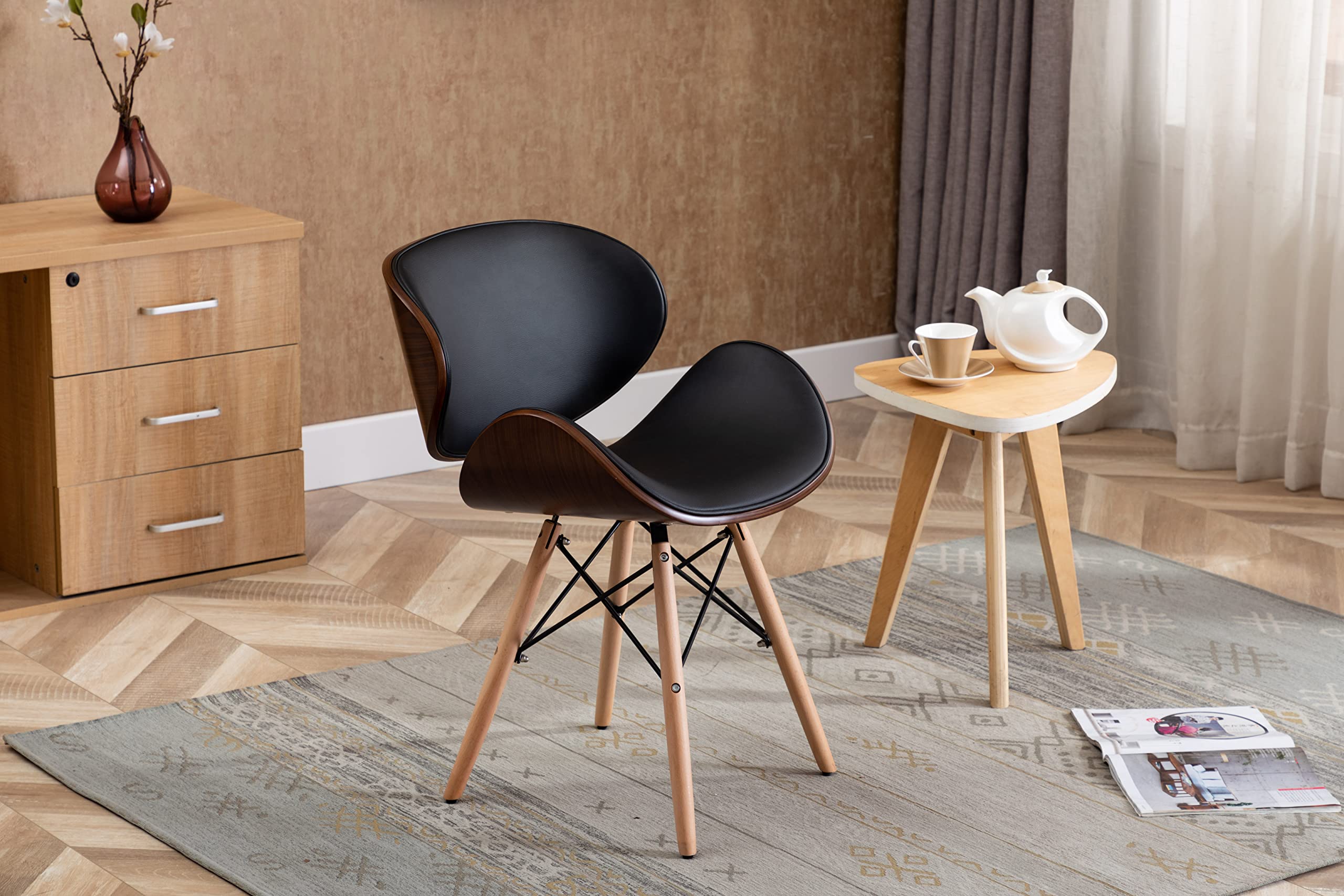 Vanity Art Mid Century Modern Dining Chair - Synthetic Leather Upholstery, Walnut Accent, Curved Back Design - Perfect for Kitchen, Dining Room & Living Room - Comfortable Seating for Home Decor & Entertaining (UC-9B)