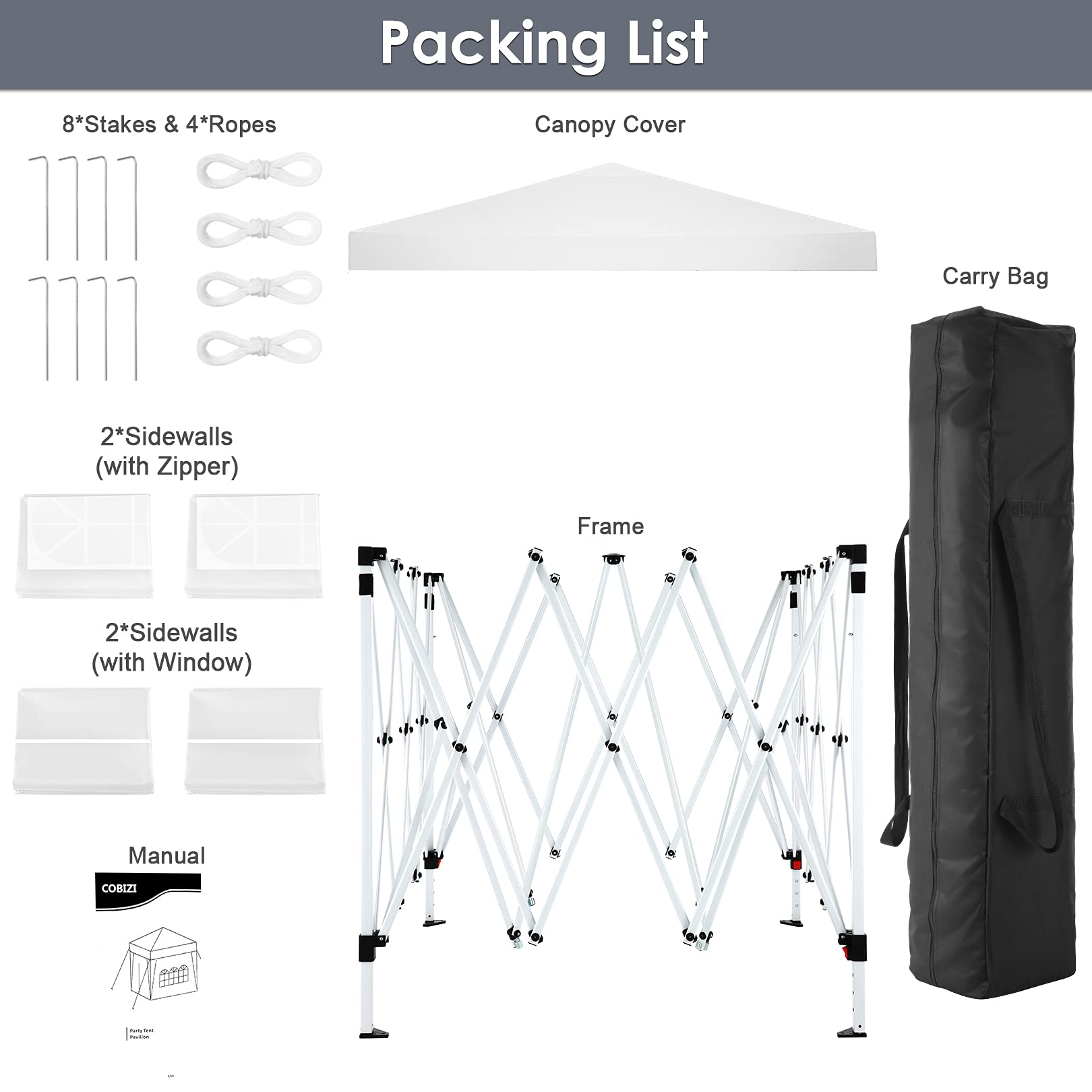 COBIZI 10x10 Pop Up Canopy Tent with 4 Sidewalls - Waterproof Instant Shelter for Outdoor Events, Camping, Parties & Backyard Gatherings - Portable White Gazebo for Commercial Use & Picnics