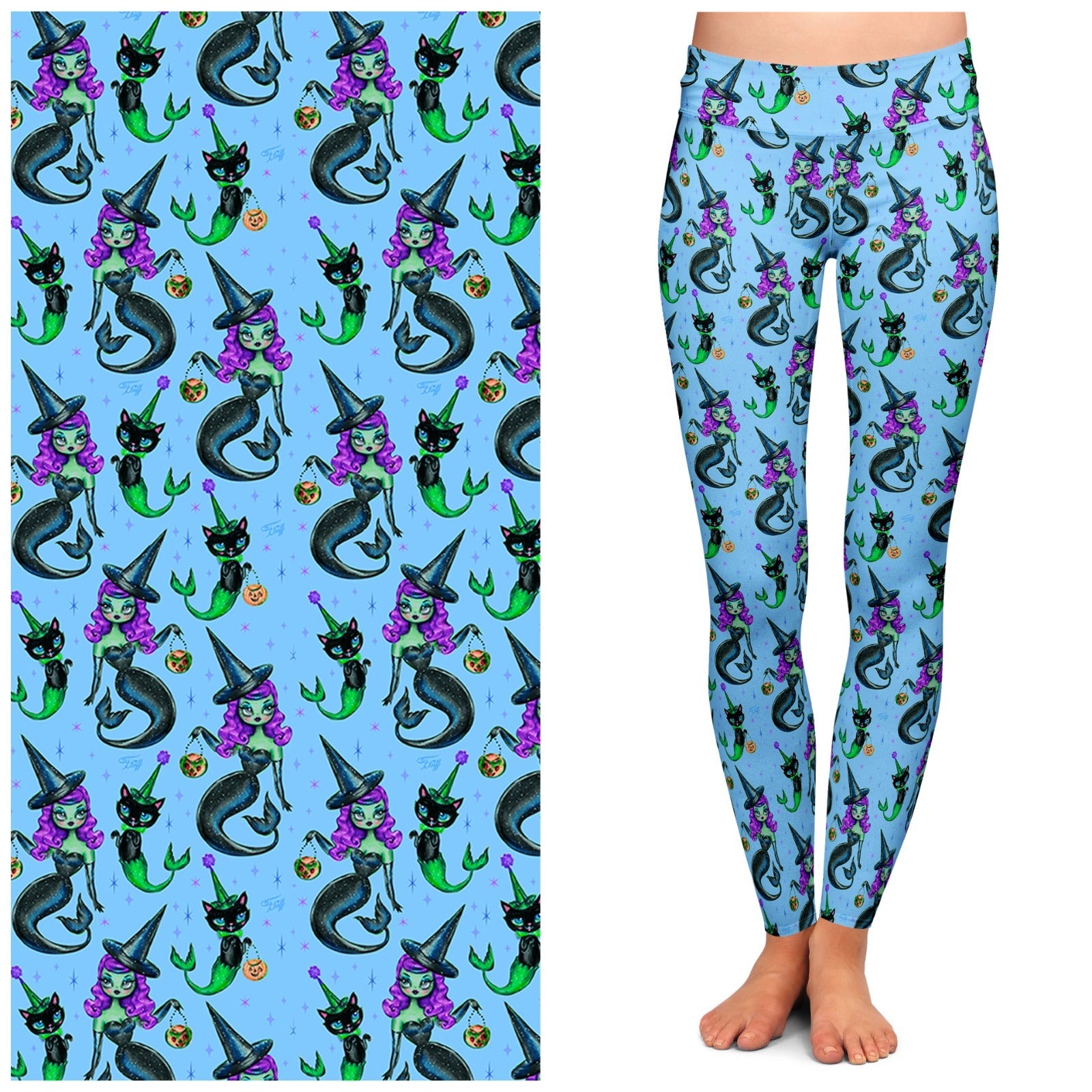 Miss Fluff x Lipstick & Chrome MerWitch & Her MerCat Fantasy Leggings - Unique Mermaid Witch Design for Cosplay, Halloween & Fantasy Fashion Enthusiasts