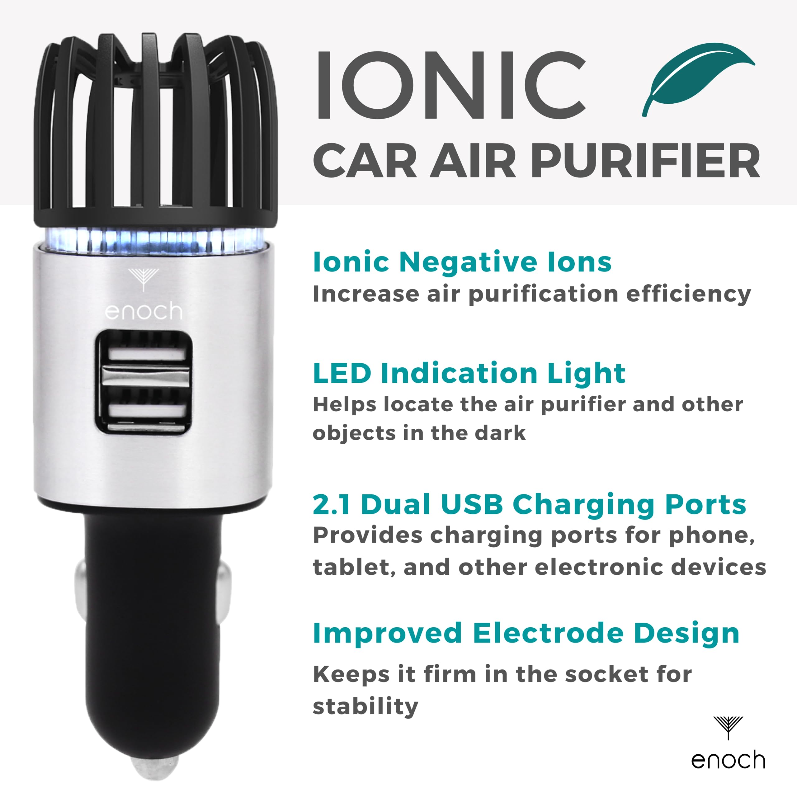 Enoch Ionic Car Air Purifier with Dual USB Charger - Eliminates Odor, Dust, Smoke, Pet & Food Smells - Ozone Car Deodorizer for Fresh Air (Gray Silver) | Perfect for Road Trips, Commuting & Pet Owners