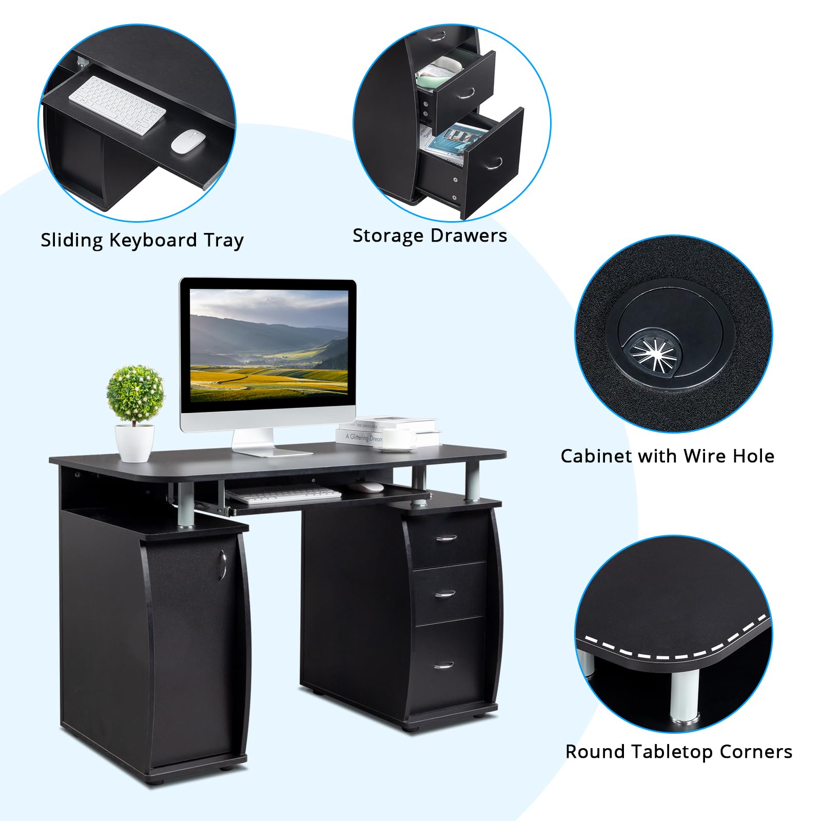Karl Home Computer Desk with Drawers & Storage Cabinet - Small Office Desk PC Laptop Workstation for Home Office, Studio & Apartment - Black | Compact Writing Table for Remote Work, Online Classes & Gaming Setup