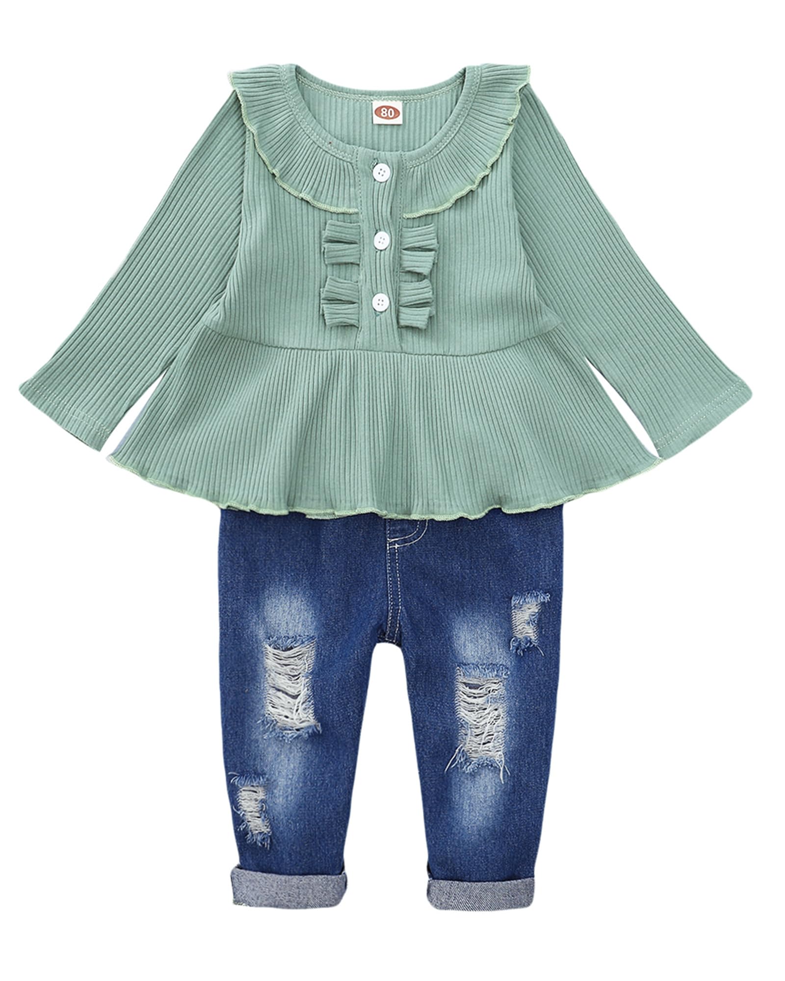 Toddler Girl Outfits - Cute Ruffle Shirt & Denim Jeans Set | Baby Girl Clothes for Fall & Winter | Perfect for Playdates, Holidays & Family Photos