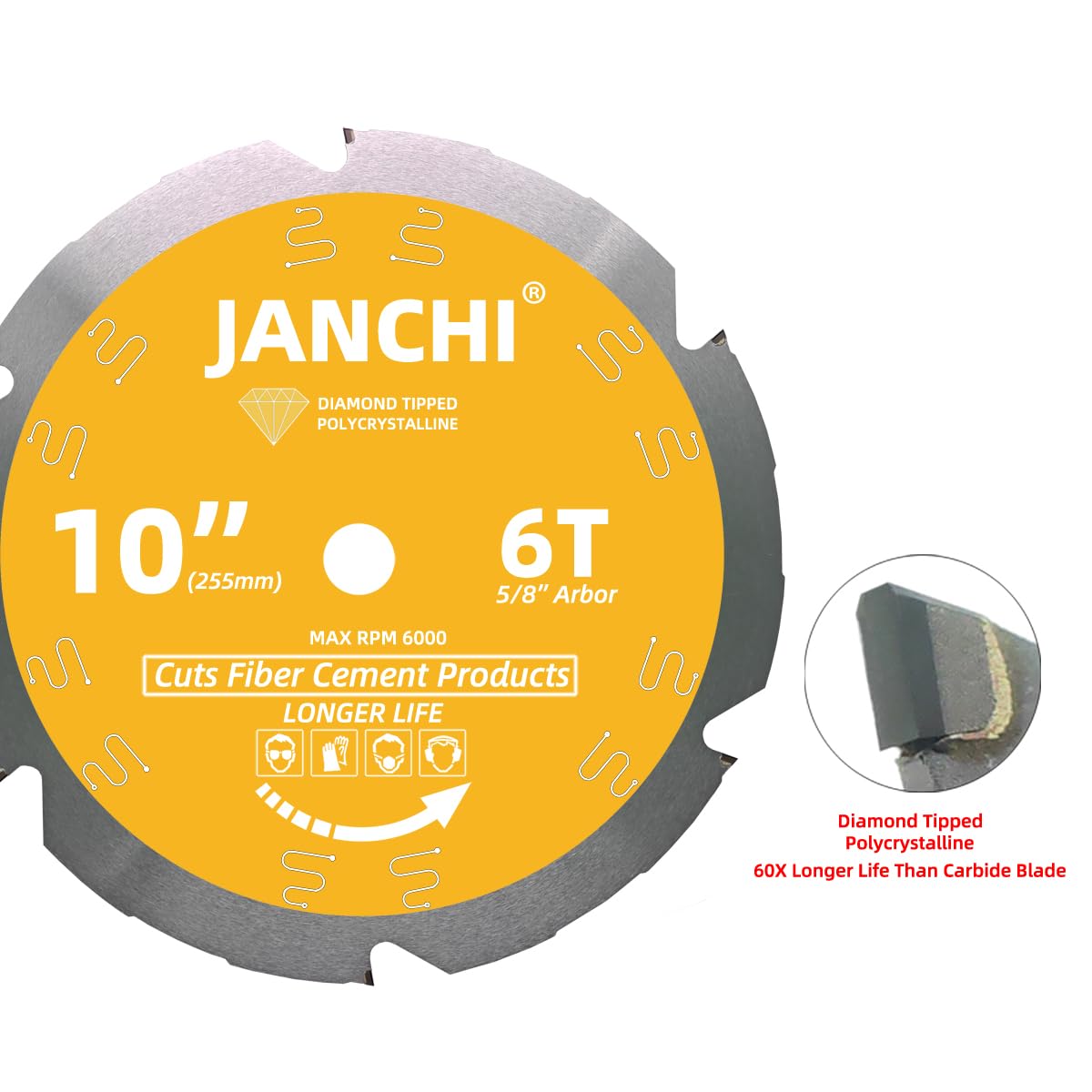 10-Inch 6T PCD Hardie Fiber Cement Saw Blade with 5/8-Inch Arbor - Polycrystalline Diamond Tipped for Laminate Flooring, Tile, and Masonry Cutting - Perfect for Professional Contractors and DIY Projects