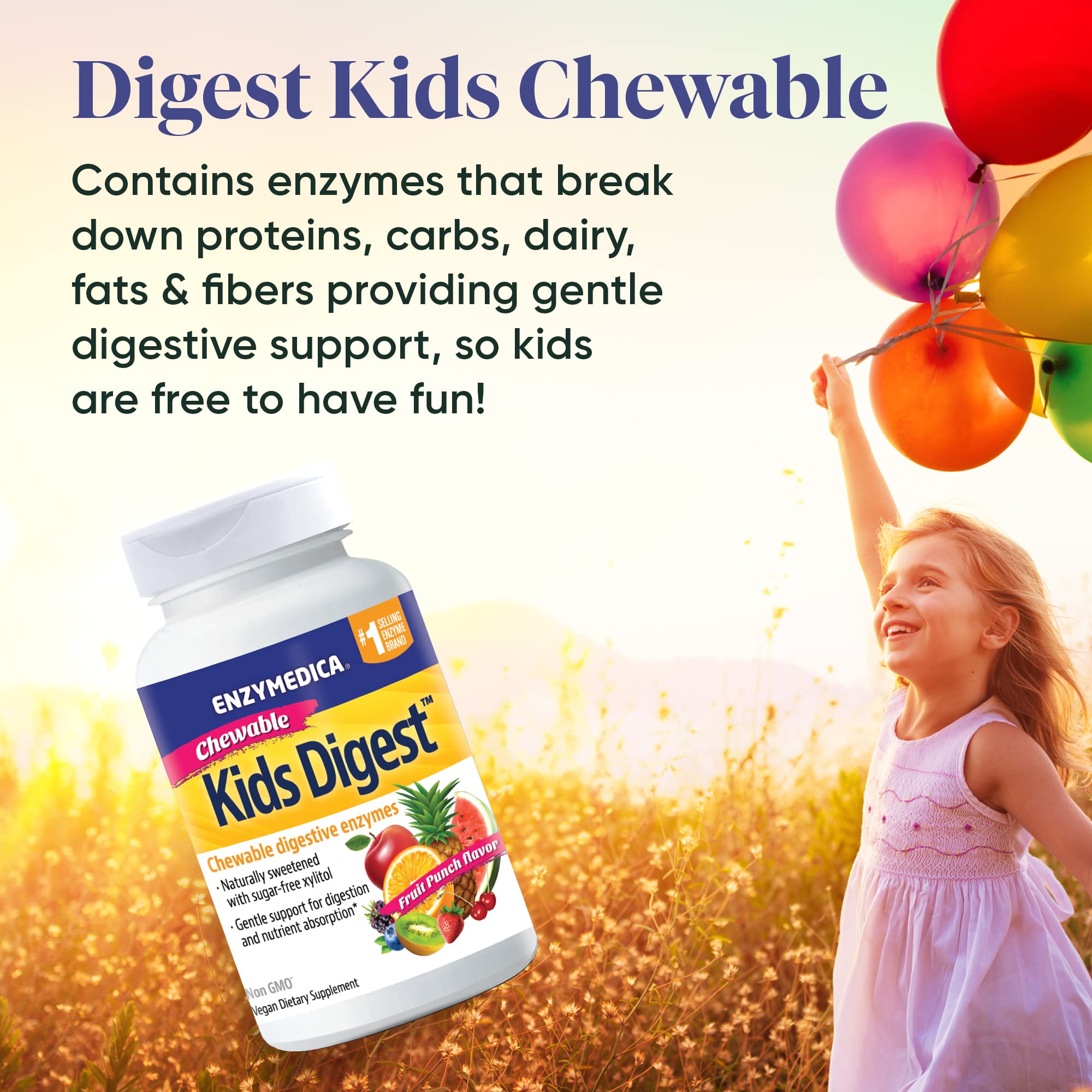 Enzymedica Kids Digest Chewable Tablets - Fruit Punch Flavor (60 Count) | Digestive Support for Kids | Perfect for Travel, School & Daily Use