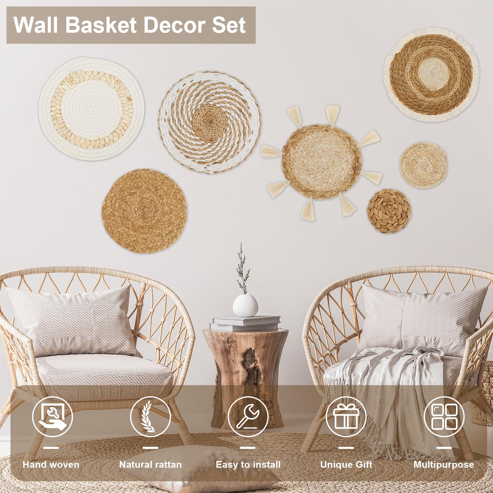 Boho Wall Basket Decor Set - 7 Pack Woven Seagrass Hanging Baskets for Home & Office Decor
