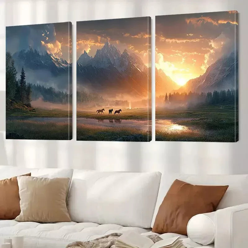 3-Piece Aesthetic Running Horses and Sunset Art Set - Framed Canvas Wall Decor 50x70cm - High Quality Print - 100% Australian Made - Ready to Hang - Perfect for Living Room, Bedroom or Office Decor