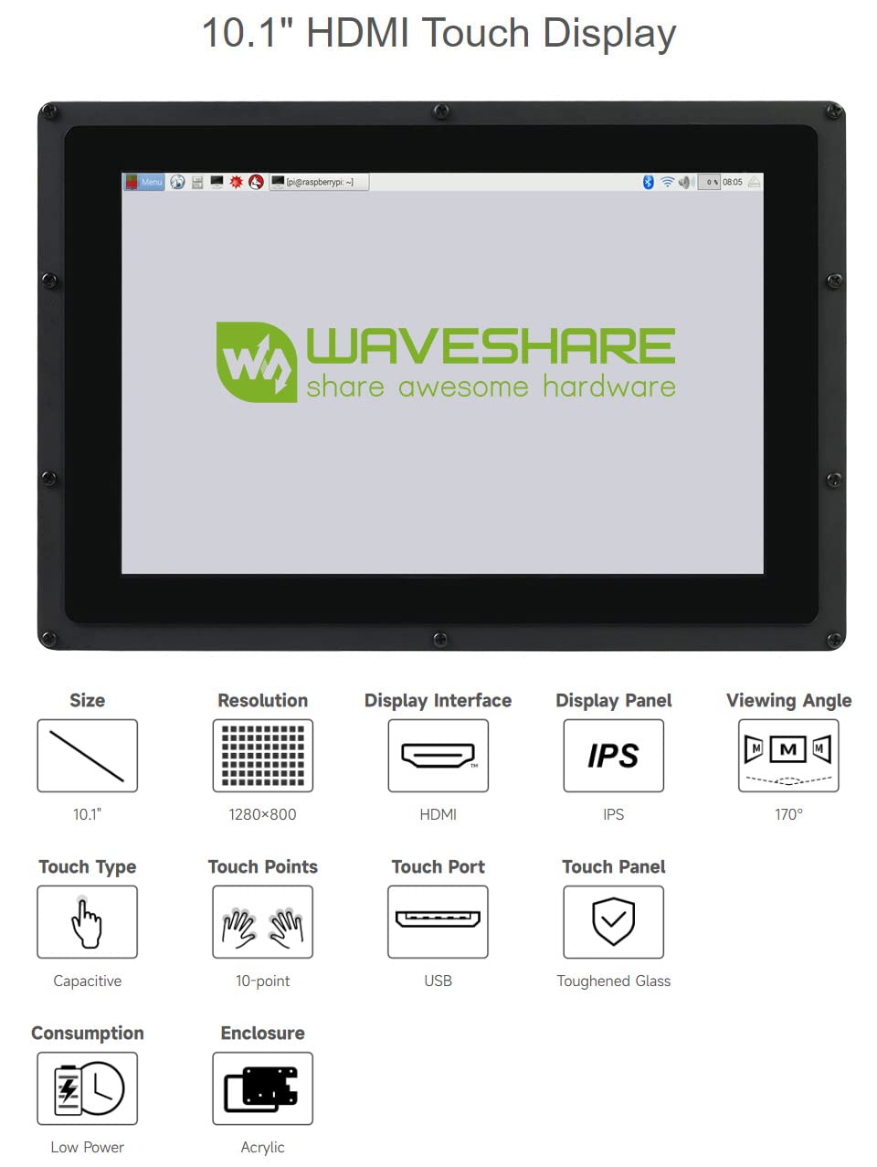 Waveshare 10.1 Inch Raspberry Pi Touchscreen Display - 1024×600 HD IPS LCD Monitor with Resistive Touch, HDMI Interface, Direct Plug for Raspberry Pi & Windows (Touch/Non-Touch) - Perfect for DIY Projects, Smart Home Control, and Industrial Applications