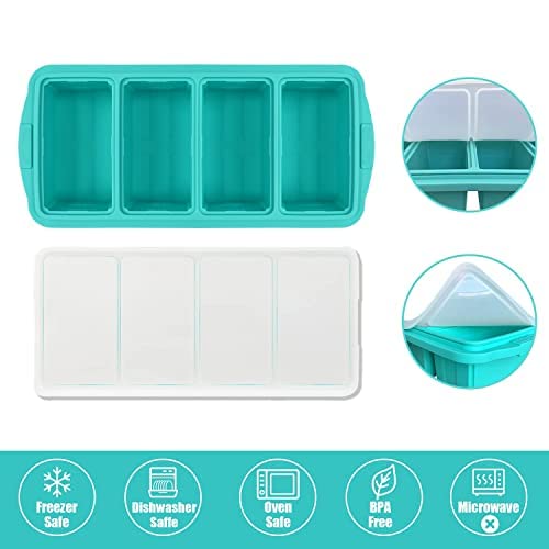 Silicone Freezing Tray with Lid - Large Non-Stick Ice Cube Tray for Soups, Broths & Sauces | 4 Compartment Freezer Container | Oven & Dishwasher Safe | Perfect for Meal Prep, Baby Food & Liquid Diet Storage