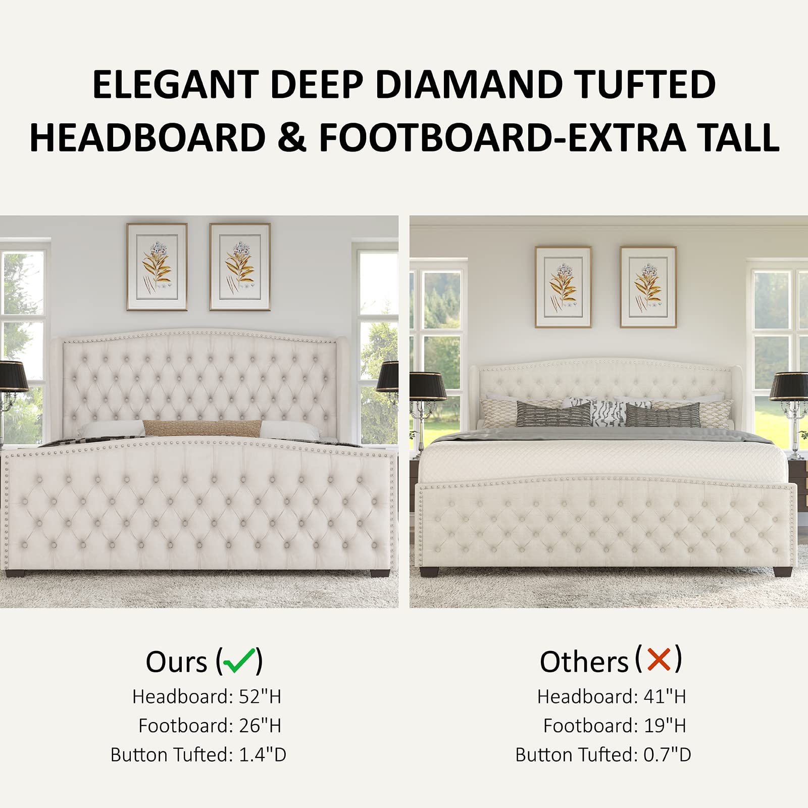 AMERLIFE Queen Size Velvet Upholstered Platform Bed Frame with Button Tufted Headboard & Nailhead Trim - No Box Spring Needed in Cream | Modern Bedroom Furniture for Master Suite, Guest Room & Apartment