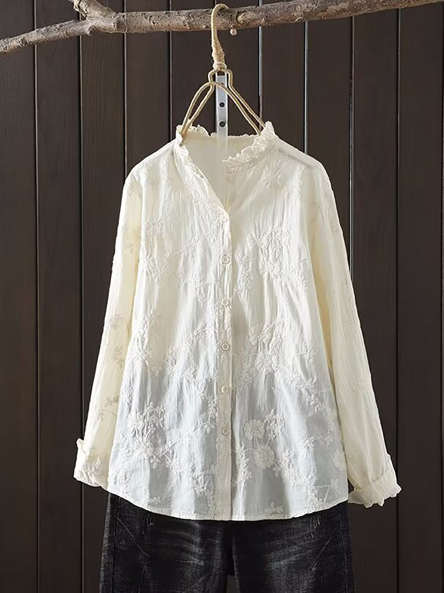 Plus Size Women's Floral Jacquard Lace Neck Blouse - Elegant Spring Top for Casual Wear, Office & Special Occasions