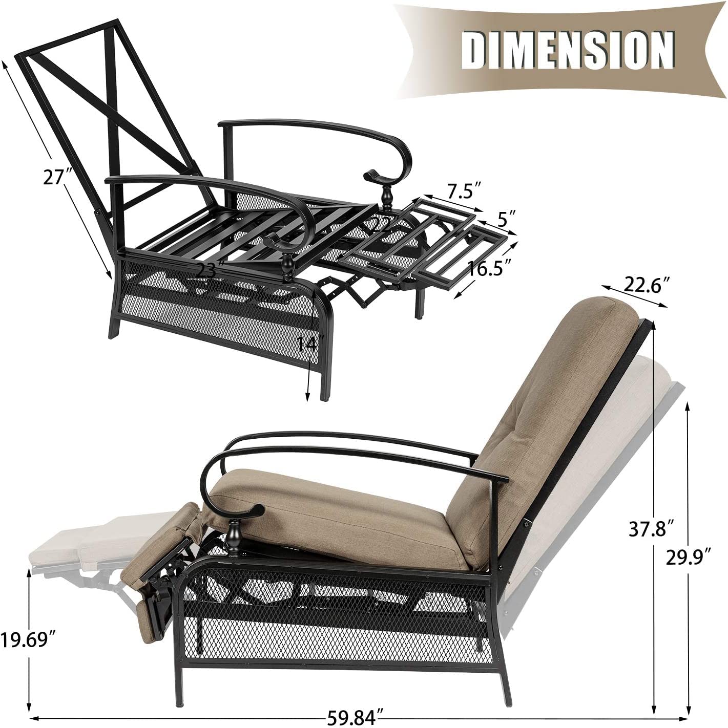 Betterland Outdoor Lounge Chair Set of 2 - Heavy Duty Metal Adjustable Patio Recliners with Extendable Frame & Removable Thickened Cushions, Beige - Perfect for Poolside, Backyard, Garden Relaxation and Sunbathing