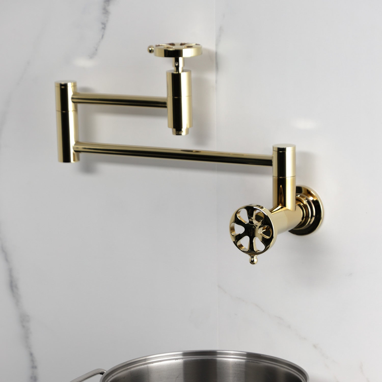 Belknap KS8102RX Two Handle Wall Mount Pot Filler Faucet - Polished Brass Finish - Ideal for Kitchen, Sink, and Stove Area - Perfect for Filling Large Pots and Pans