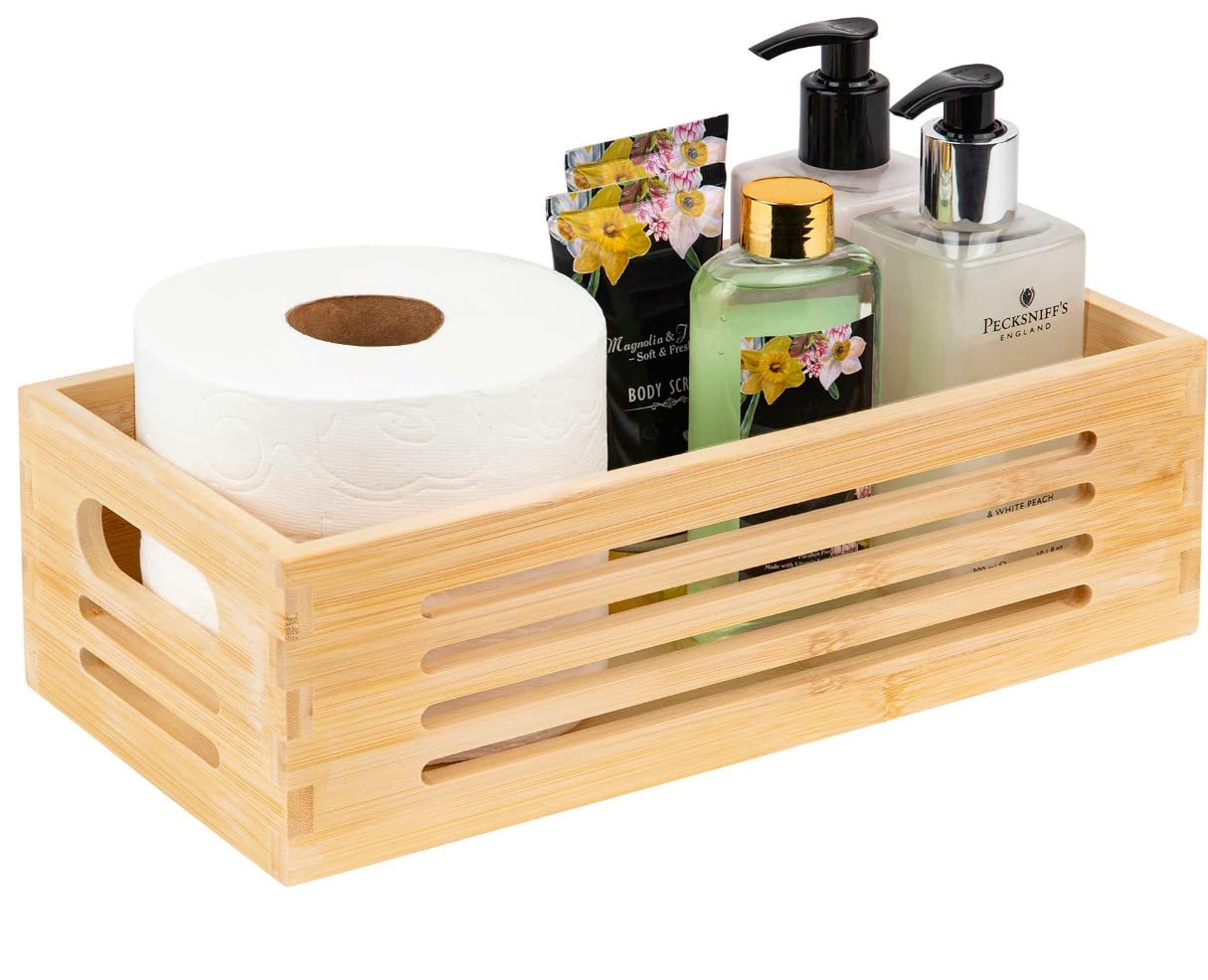 Natural Bamboo Bathroom Storage Baskets - Toilet Tank Tray Organizer & Bathroom Sink Decor Box - Eco-Friendly Bath Accessories for Toilet Paper, Soap & Cosmetics - Perfect for Small Space Organization & Farmhouse Style Bathrooms