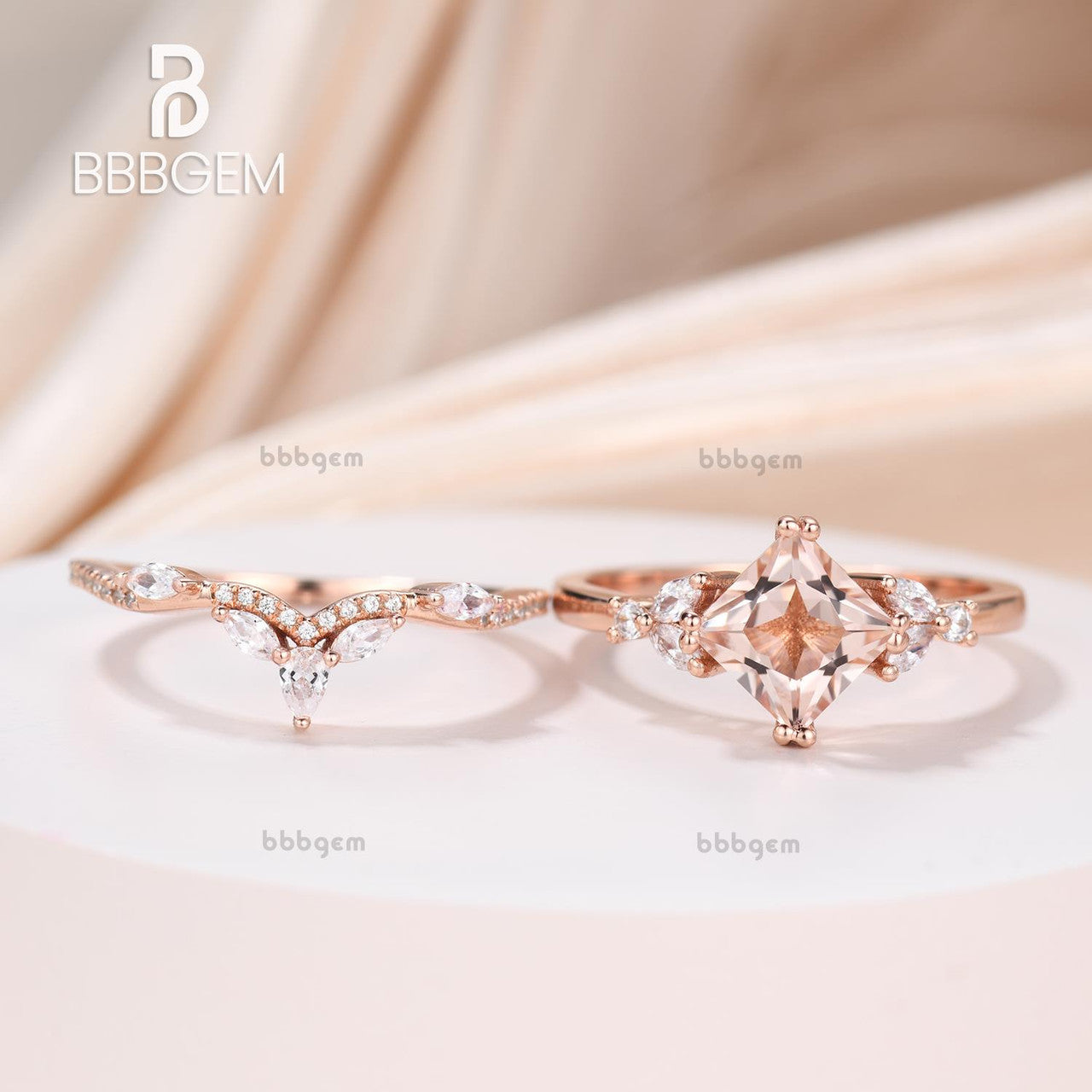 14K Rose Gold Princess Cut Peach Morganite Engagement Ring with Leaf Marquise Sidestones - Perfect for Proposals, Weddings & Anniversary Gifts