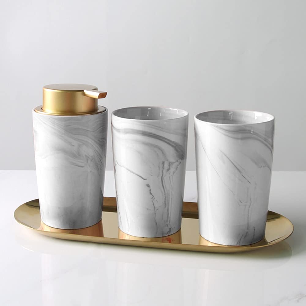 Premium Ceramic Bathroom Accessories Set - Marble Pattern 3-Piece Soap Dispenser, Toothbrush Cup & Tray for Modern Home & Hotel Decor | Countertop Organizer with Metal Tray | Perfect for Spa-Like Bathroom Experience & Guest Bath Essentials