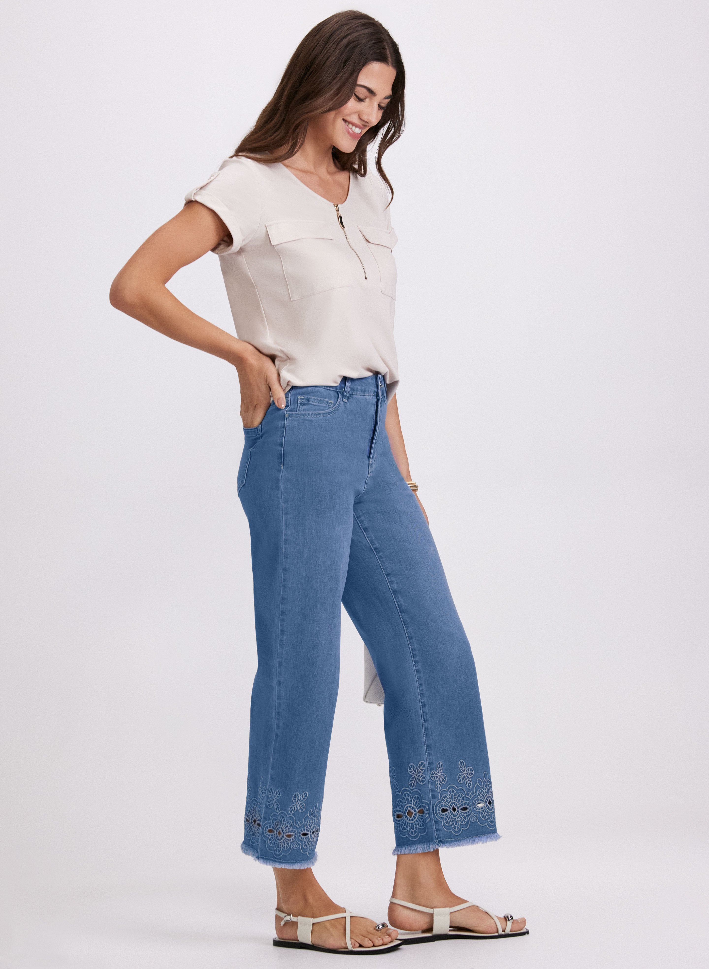 Embroidered Wide Leg Jeans for Women - High Waist Stretch Denim Pants - Boho Chic Fashion - Perfect for Casual Outings and Summer Vacations