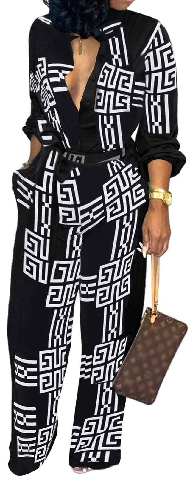 Elegant Women's V-Neck Long Sleeve Jumpsuit - Business Casual & Clubwear Romper with Straight Leg Pants | Perfect for Office, Night Out & Special Occasions