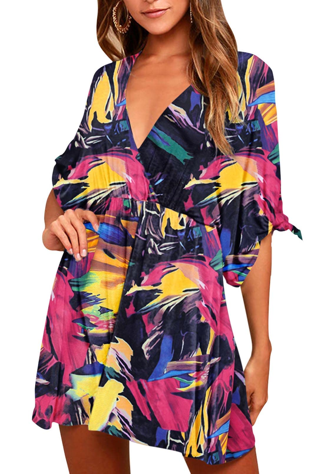Meenew Women's Summer Casual Loose Tunic Swing Dress - V Neck Short Sleeve Vacation Beach Dress for Travel, Party & Daily Wear