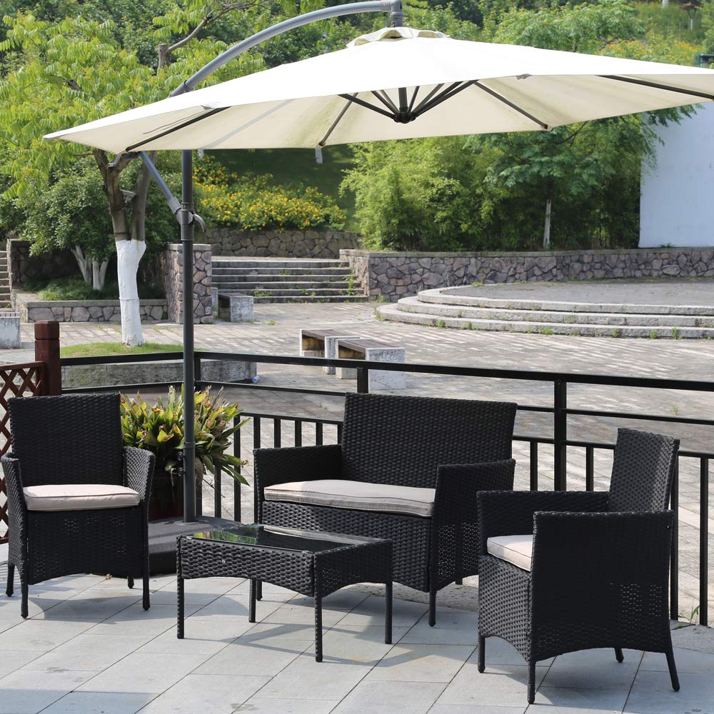 4-Piece Outdoor Patio Furniture Set - Black Wicker Bistro Chairs with Thickened Cushions & Glass Table - Modern Rattan Conversation Set for Backyard, Porch, Poolside, Lawn or Garden - Perfect for Relaxing, Dining & Entertaining Outdoors