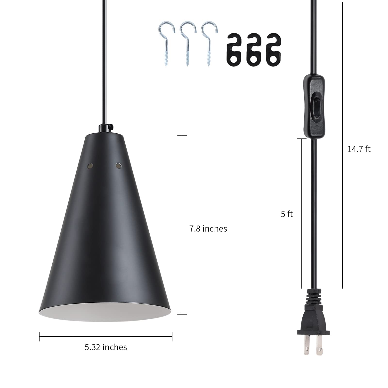 Black Plug-In Pendant Light with On/Off Switch - Modern Farmhouse Hanging Light Fixture with Metal Shade - Mini Pendant Lights for Kitchen Island, Bedroom, Dining Room & Living Room - Easy Installation with Plug-In Cord