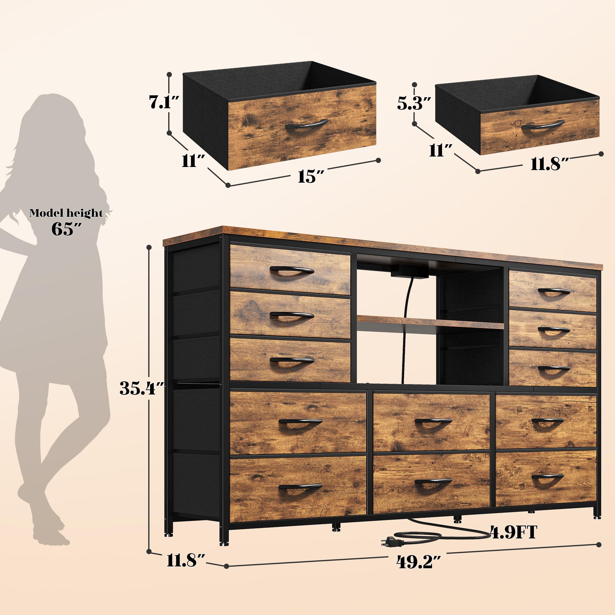 12-Drawer LED Dresser with Power Outlets - Rustic Brown TV Stand for 60-Inch TV, Sturdy Metal Frame Fabric Dresser for Bedroom, Living Room, Hallway & Closet Organization - Perfect for Modern Home Storage & Entertainment Setup